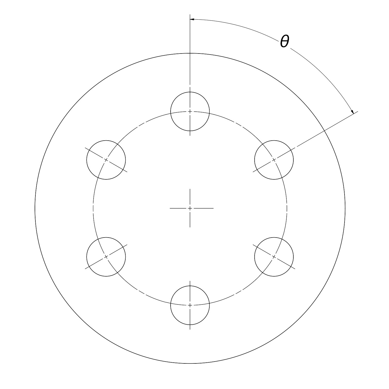 The angle between two holes on a Pitch Circle Diameter